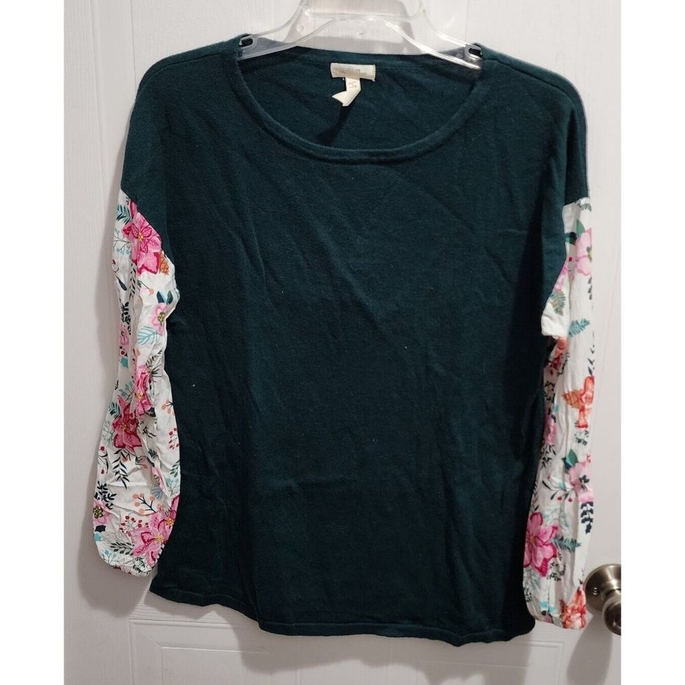 Matilda Jane Womens Fancy & Flouncy Top Size Small Green/Floral Contrast Sleeve